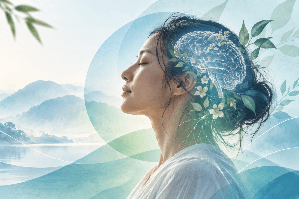 Woman with eyes closed beside an illustrated brain surrounded by leaves and flowers, symbolizing mental health and healing.
